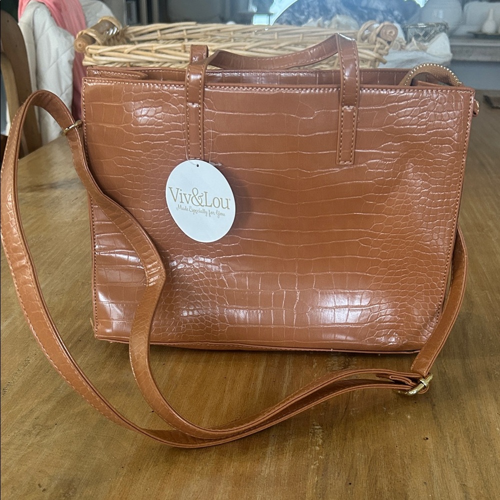 Viv&Lou Croc Embossed Tote Bag Camel Tan Faux Leather Crossbody Satchel NWT